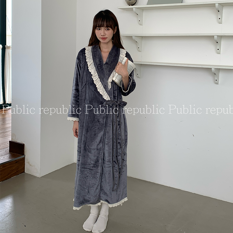 韩国Public republic 睡袍女甜美气质银狐绒柔软舒适开襟浴袍外披