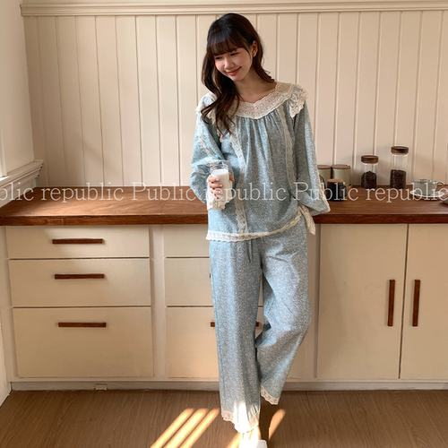 韩国Public republic 睡衣女甜美印花小清新少女舒适棉布家居套装