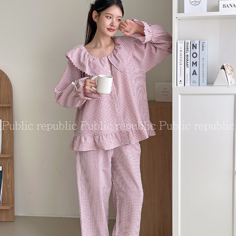 海军大翻领韩国Public republic 睡衣女格子甜美棉布长袖家居套装