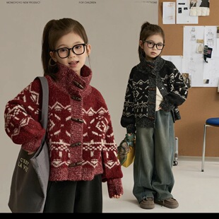 女童毛衣秋冬款2025新款费尔岛风红色提花开衫冬季儿童针织外套