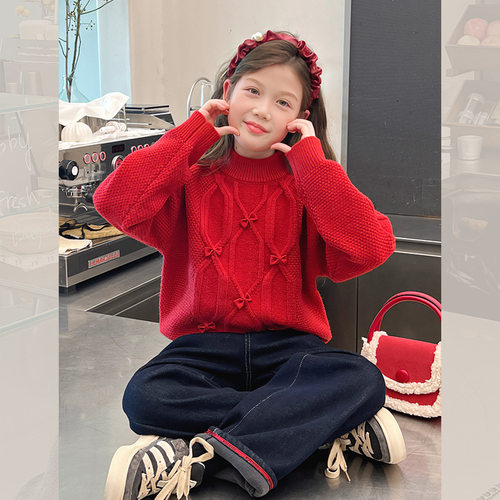 加厚女童高领新年红毛衣
