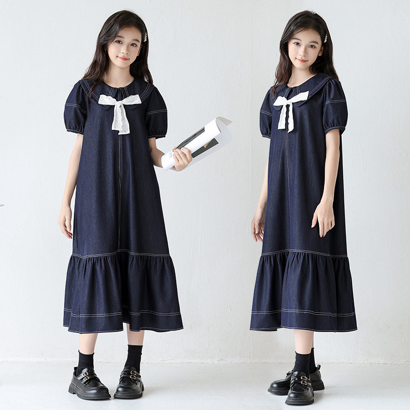 女童薄款牛仔裙子夏季娃娃领复古长裙2026新款儿童小女孩连衣裙