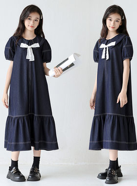 女童薄款牛仔裙子夏季娃娃领复古长裙2026新款儿童小女孩连衣裙