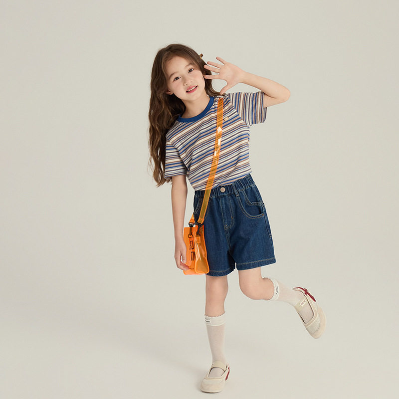 艾摩贝贝童装2025夏季女童复古条纹短袖T恤中大童休闲百搭上衣潮