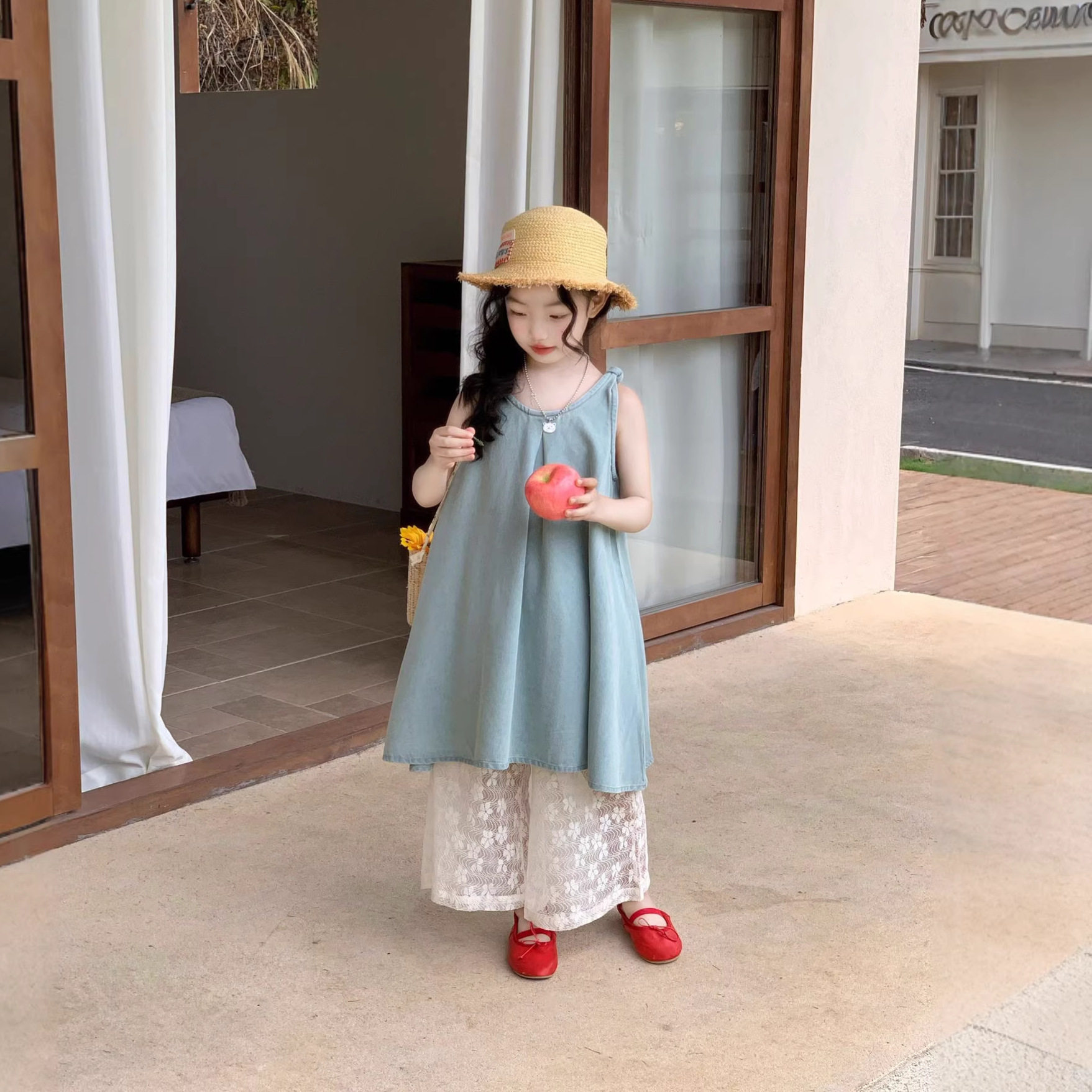 女童夏季无袖吊带裙子套装儿童洋气韩版牛仔裙女孩时尚夏装背心裙