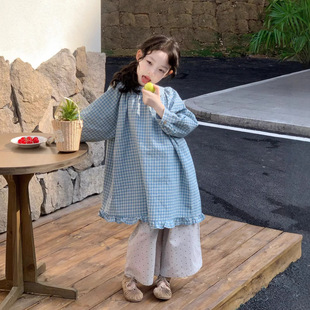 2026春款女童宝宝韩版花边格子长裙儿童长袖休闲宽松罩衫连衣裙