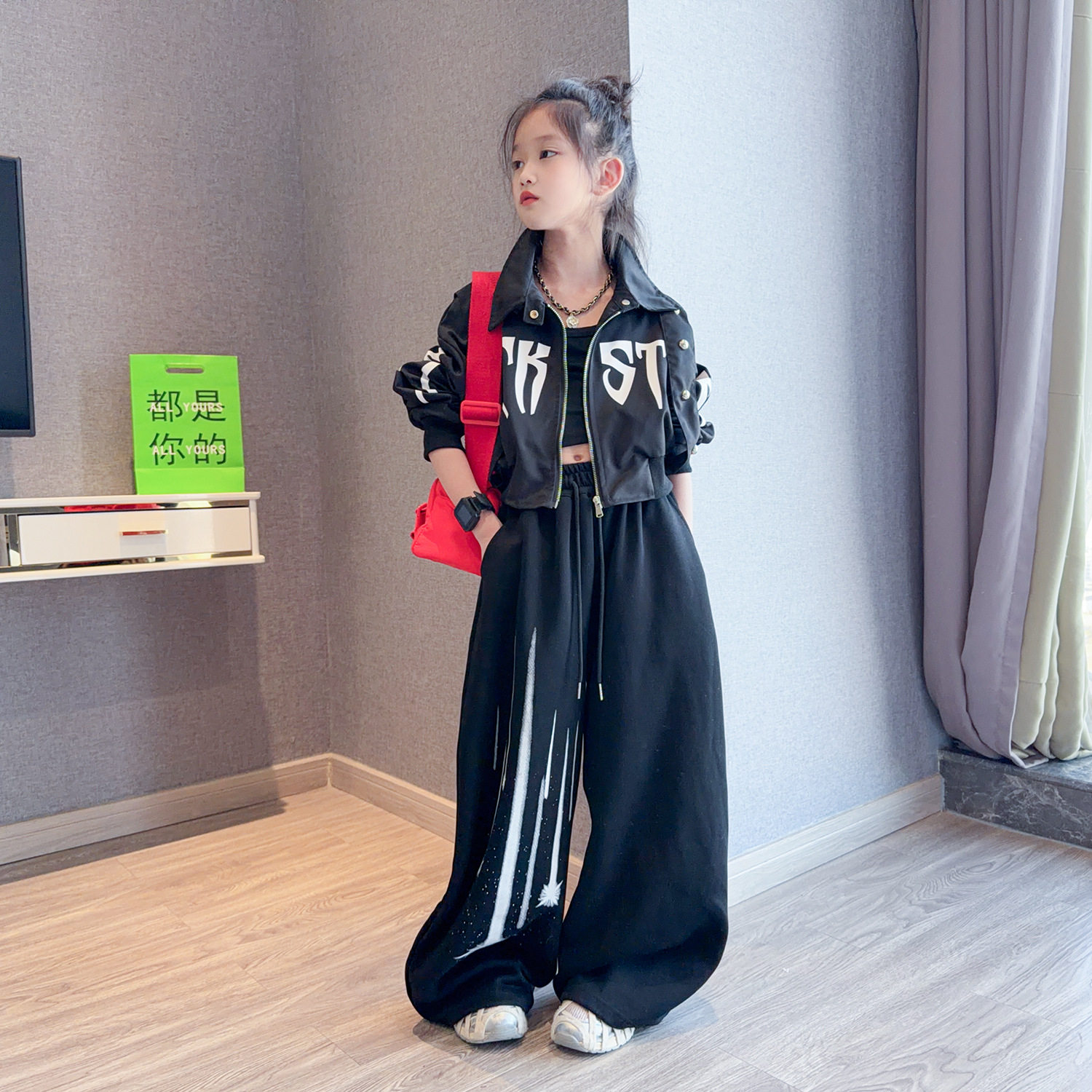 女童2026春装新款美式工装阔腿弯刀裤儿童洋气短款牛仔外套两件套