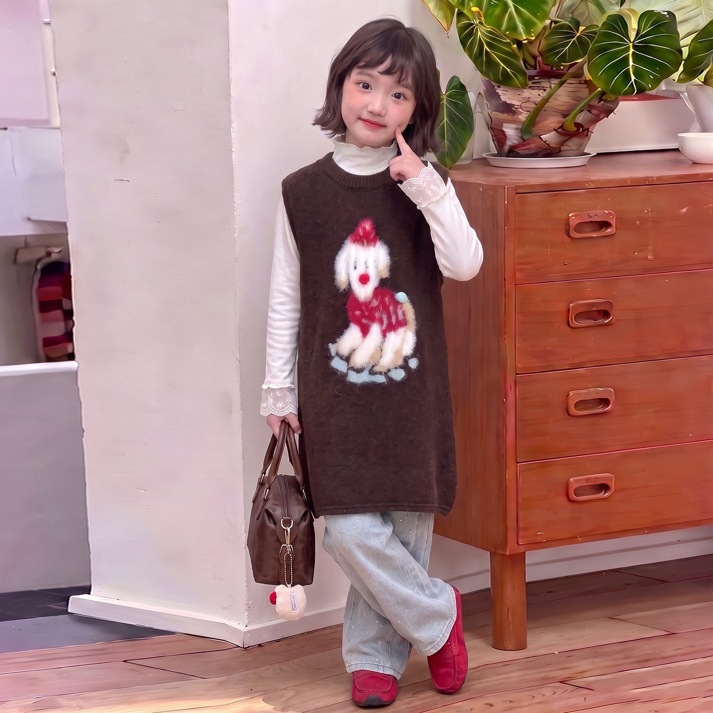 女童秋冬咖色卡通背心连衣裙