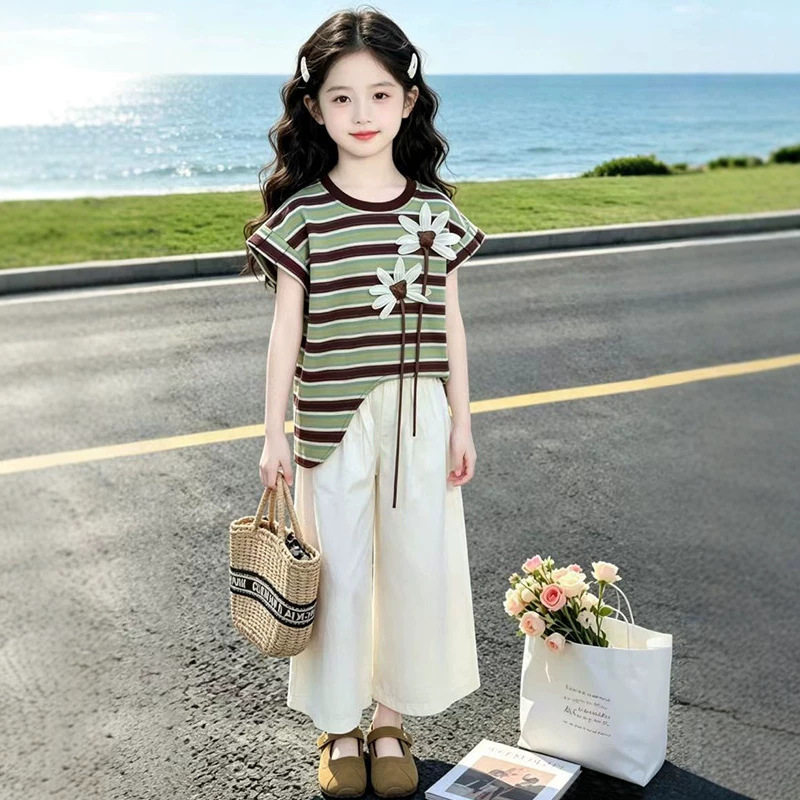 女童夏季套装2025新款儿童时髦洋气条纹个性T恤休闲阔腿裤两件套