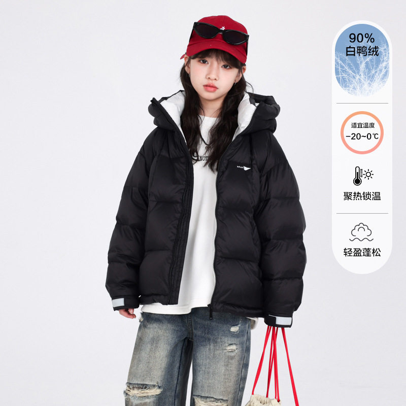 女童冬装黑色免洗运动面包羽绒服2025新款儿童冬季加厚防寒外套潮