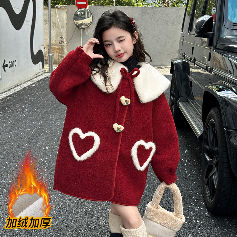 女童冬季加绒加厚呢子大衣新款