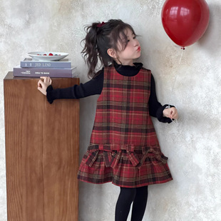 童森童马女童拜年服连衣裙冬装2026新款儿童加绒红色格子裙公主裙