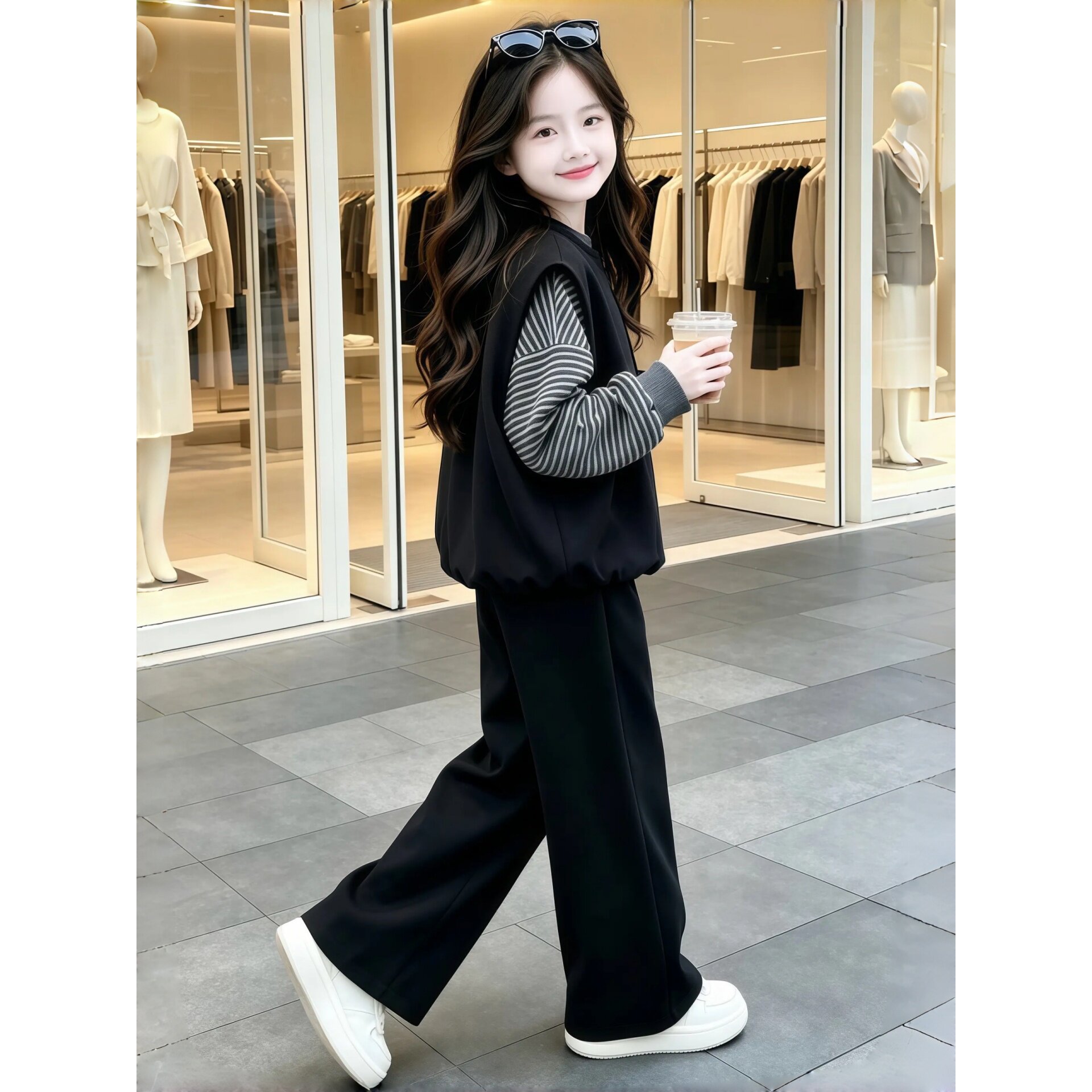 女童秋装韩版真两件马甲套装