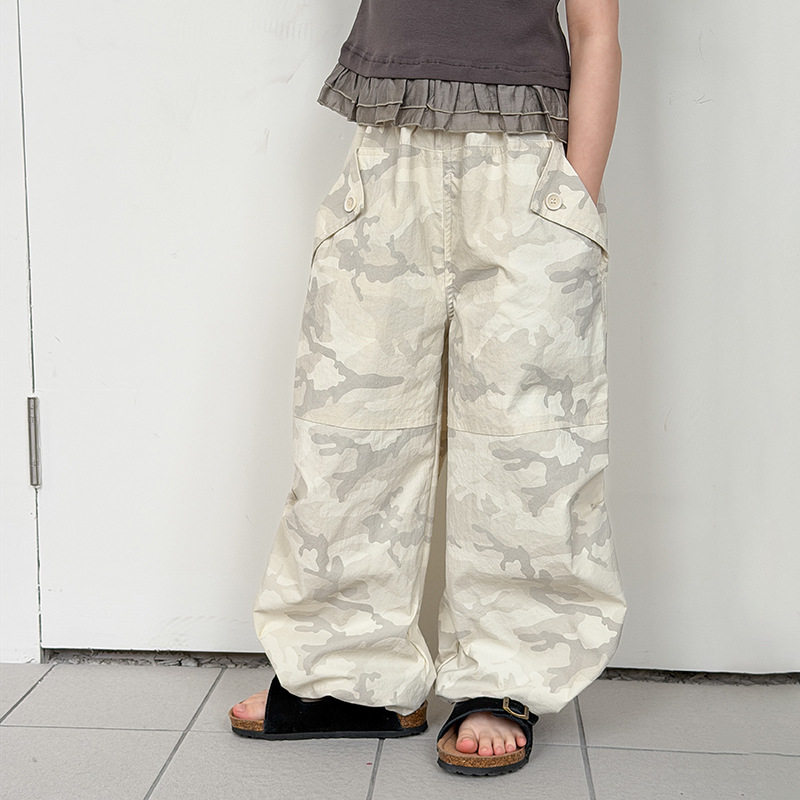 艾摩贝贝女童UPF50+防晒裤子儿童夏日潮酷户外宽松凉感迷彩工装裤