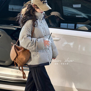 格子短款羽绒服女款冬季2025新款小个子时尚百搭白鸭绒立领厚外套