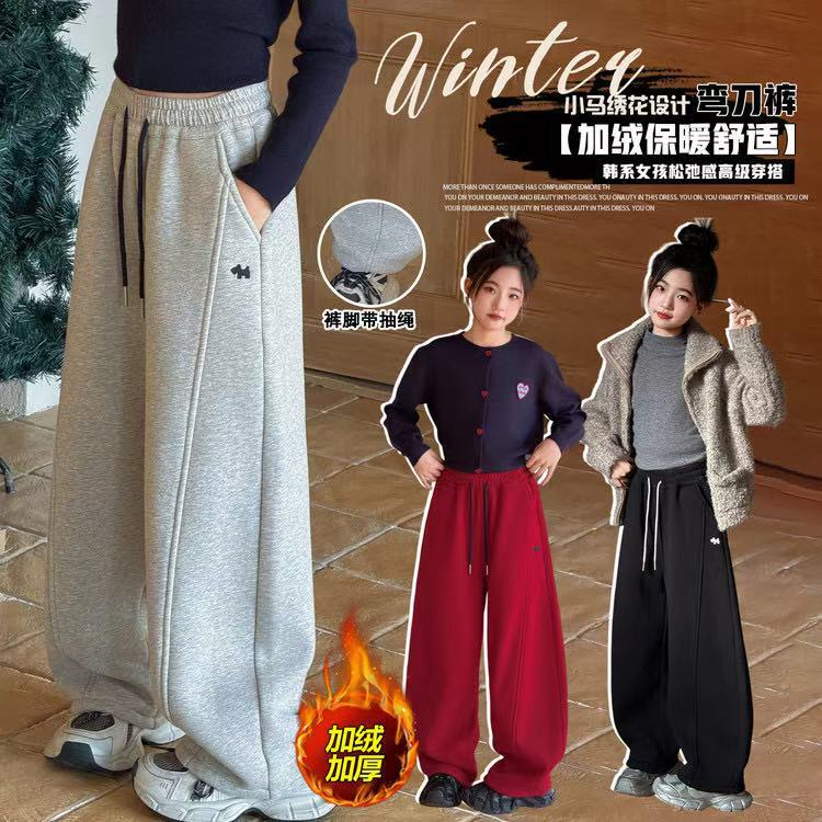 面包仔儿童裤子冬装加绒加厚富马刺绣弯刀裤