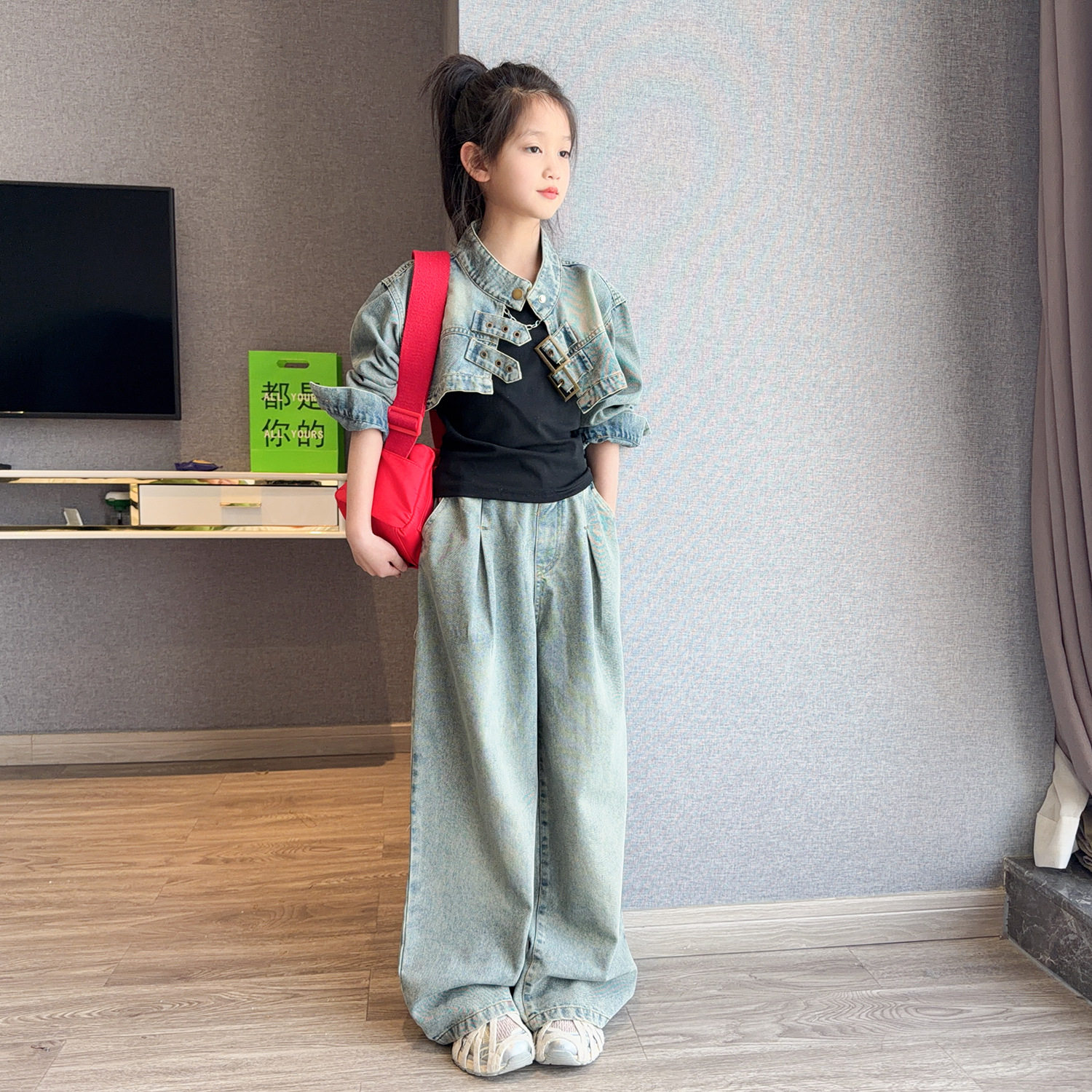 女童美式复古做旧辣妹风牛仔套装2026春装新款短款外套阔腿裤炸街