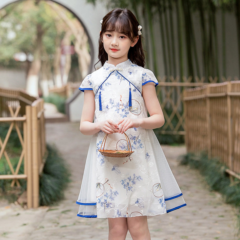 夏季女童中国风风扇子旗袍裙