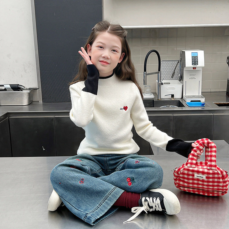 加厚儿童撞色修身针织衫女童洋气打底上衣大童毛衣2025冬装新款
