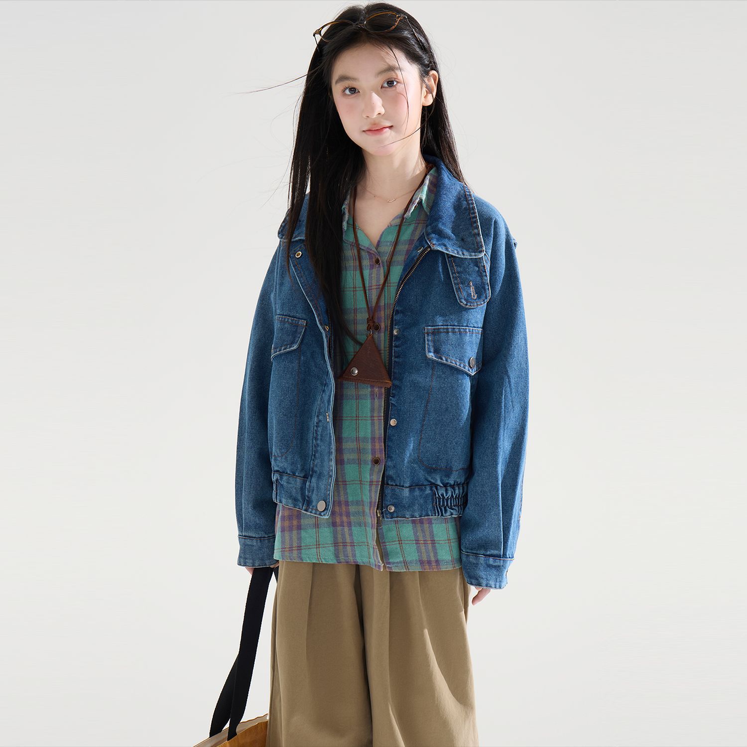 女童翻领复古水洗牛仔外套秋装