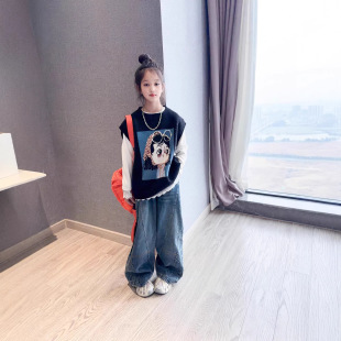 女童2026新款春秋装韩版洋气针织马甲打底衫两件套牛仔阔腿裤套装