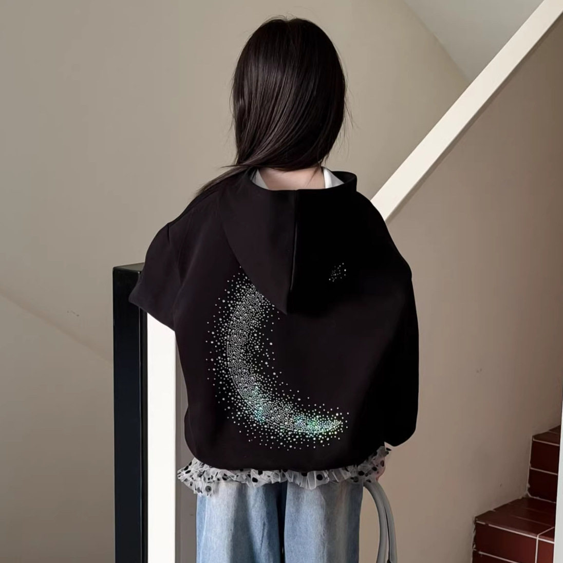 税后价儿童满天星烫钻连帽卫衣童装2026春新款男女童中性风套头衫