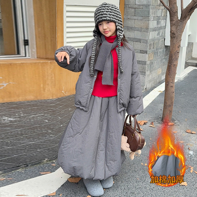 女童棉服套装冬装2025新款中大童韩系穿搭秋冬外套儿童冬季半身裙