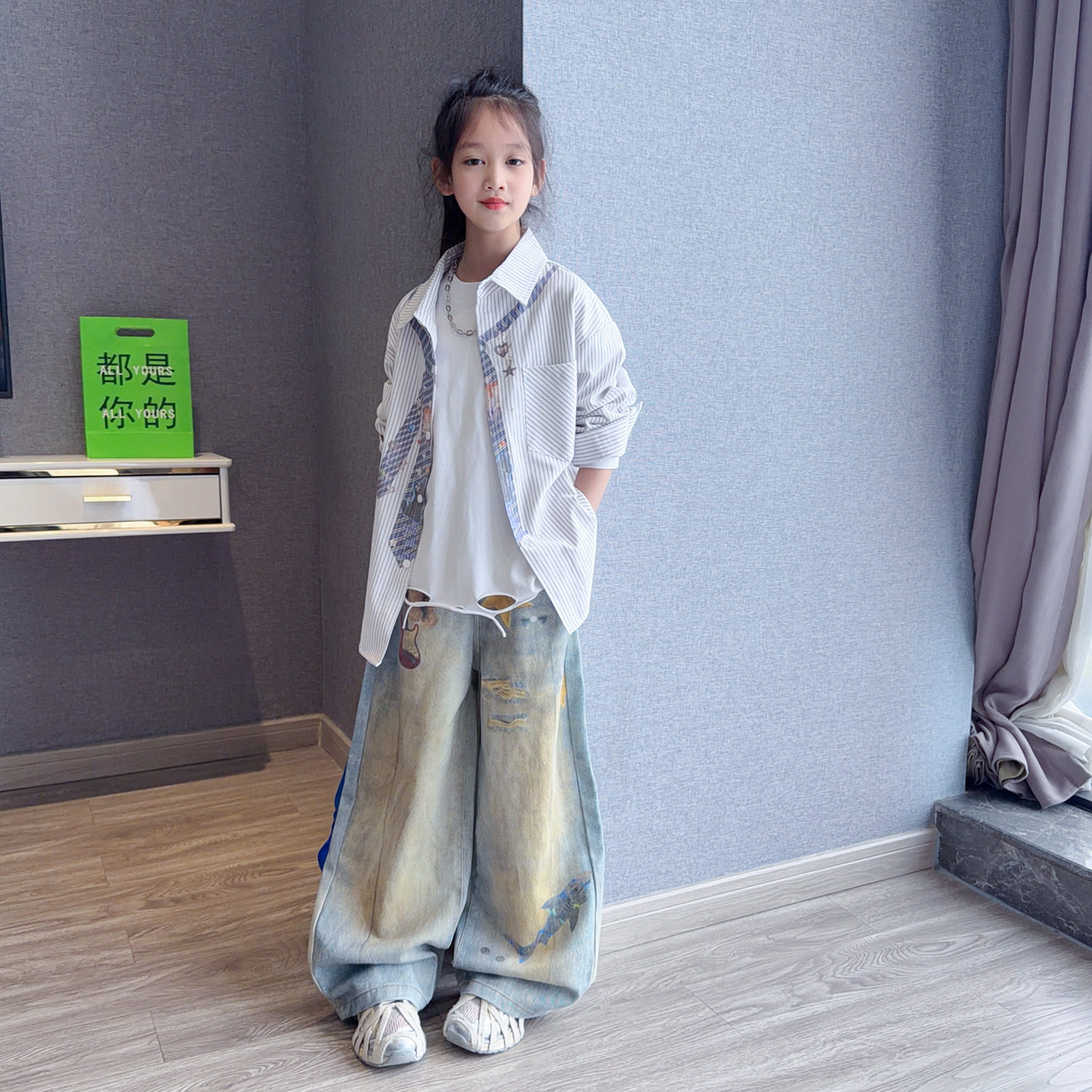 女童衬衫外套春装2026新款酷女孩洋气休闲上衣儿童宽松直筒裤两件