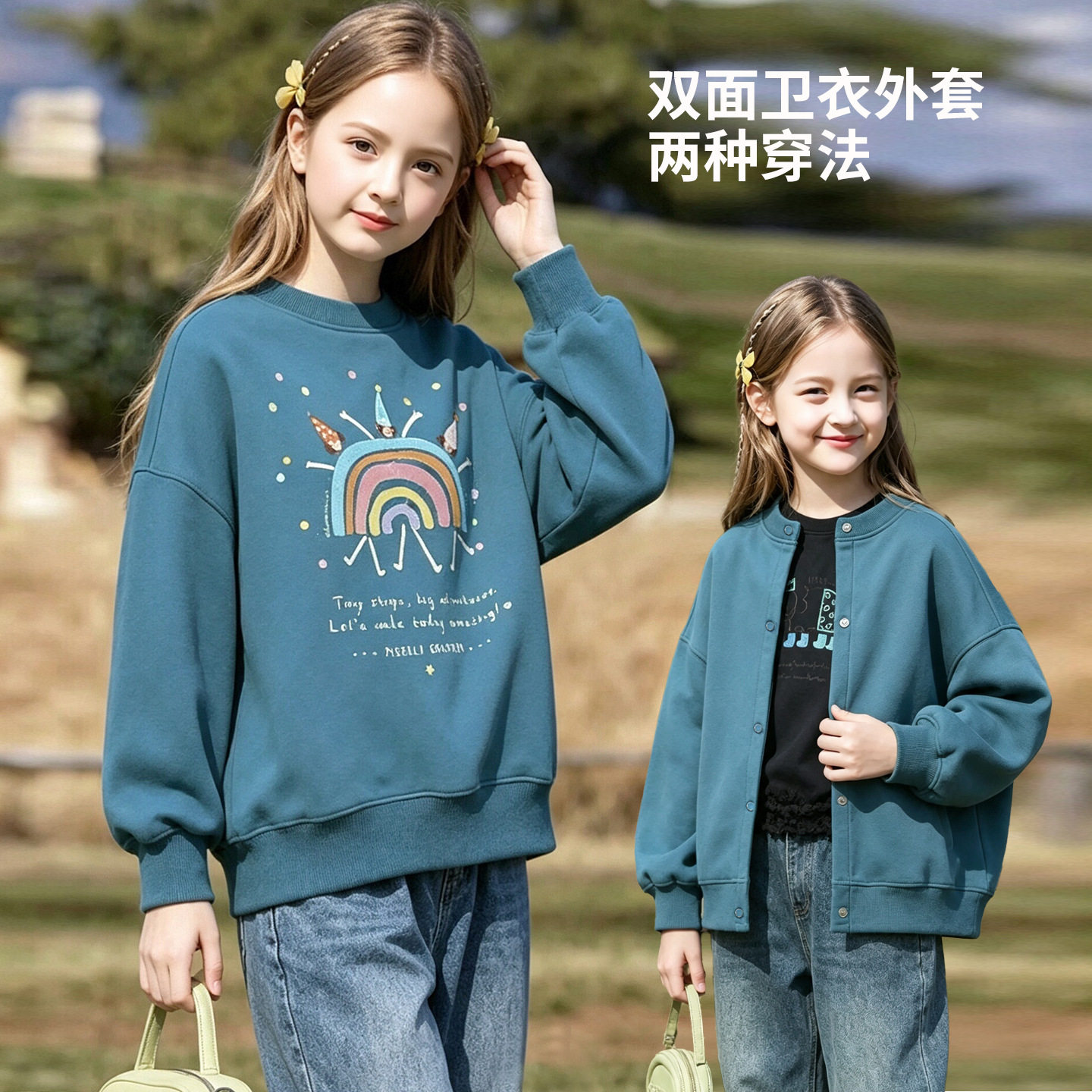 女童两面穿卡通卫衣外套春秋