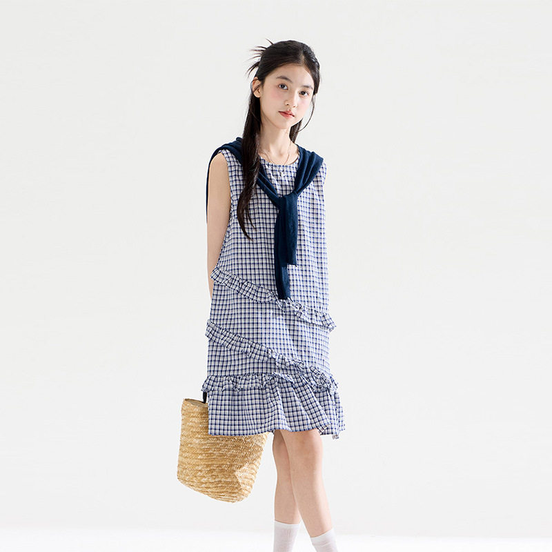 女童韩版木耳边格纹连衣裙2026夏装新款儿童休闲中长款宽松背心裙