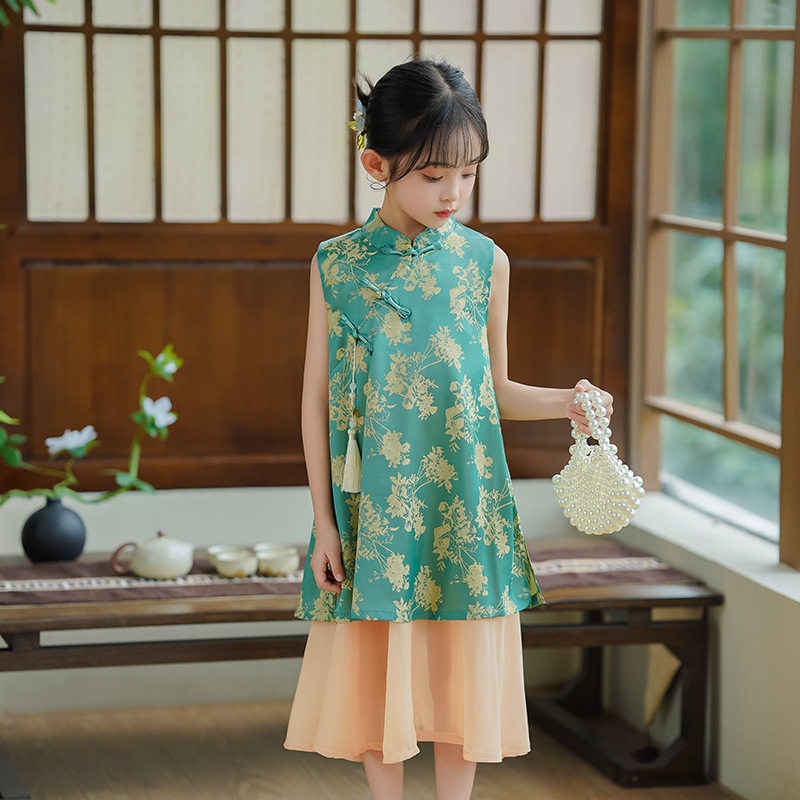 2026款洋气小女孩改良真丝缎旗袍夏季新中式汉服中国风女童连衣裙