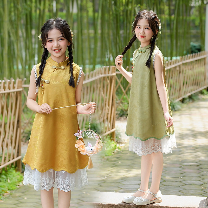 女童国风旗袍连衣裙新中式儿童改良汉服裙子2026夏季女宝黄色礼服