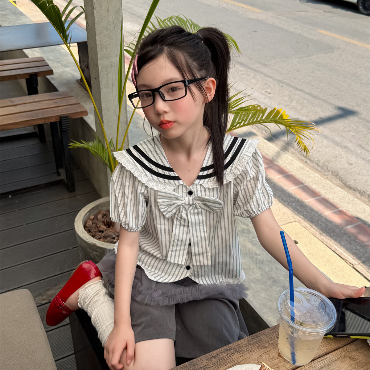 花与寻女童2026夏学院风条纹三件套儿童海军领衬衫屁帘阔腿裤套装
