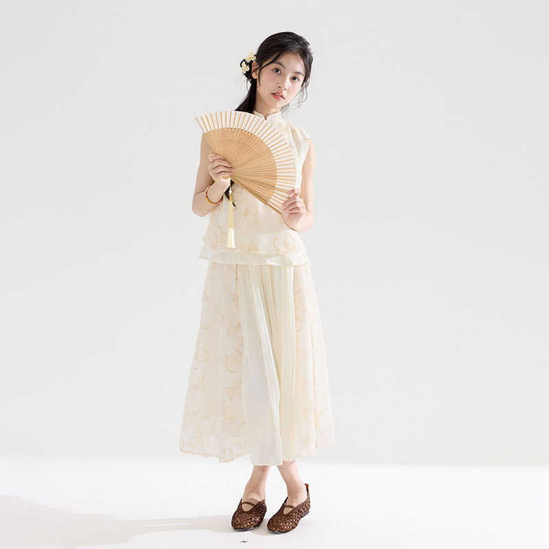 女童新中式蝴蝶印花衬衫套装2026夏装新款儿童宽松半身裙两件套潮