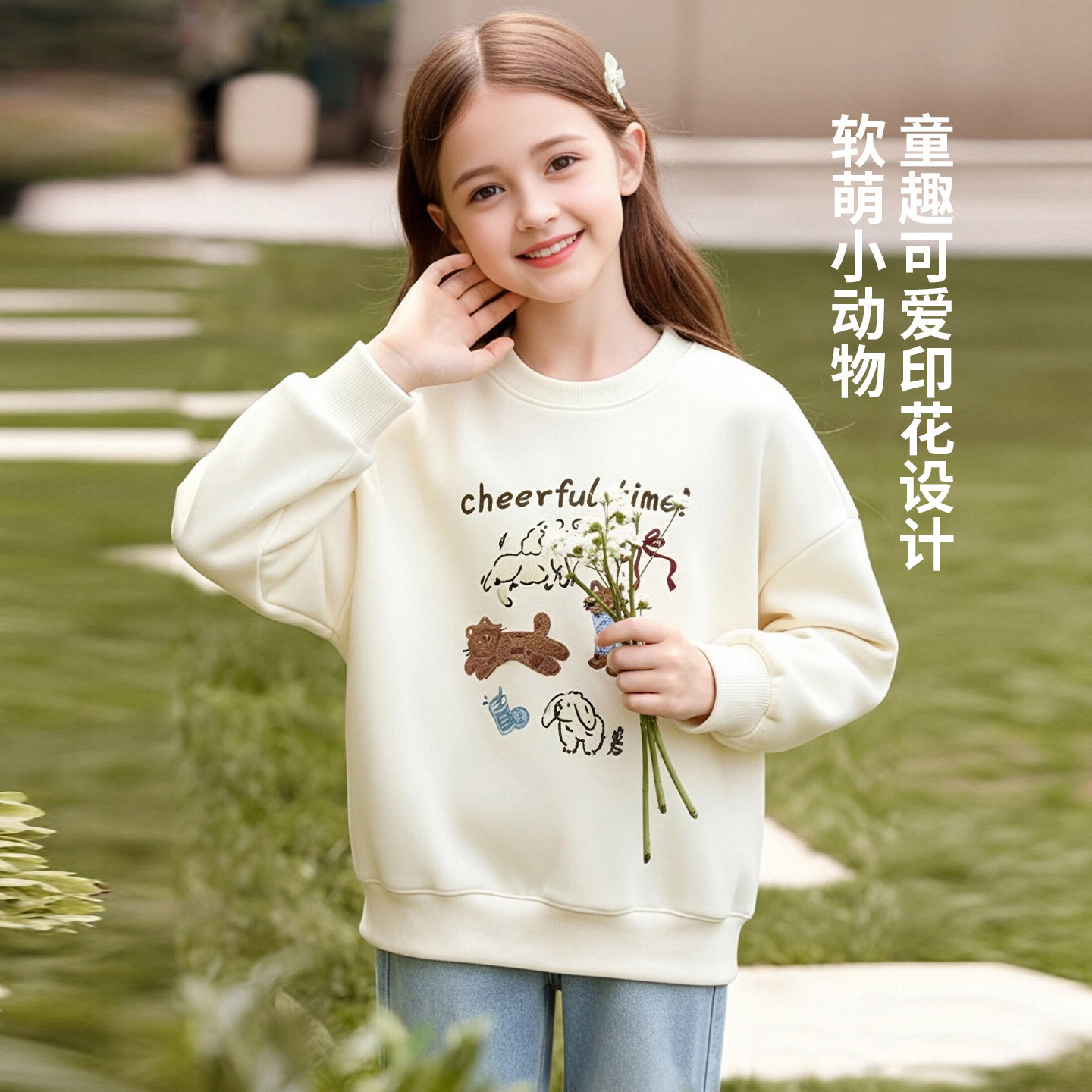 女童猫咪印花宽松套头卫衣新款