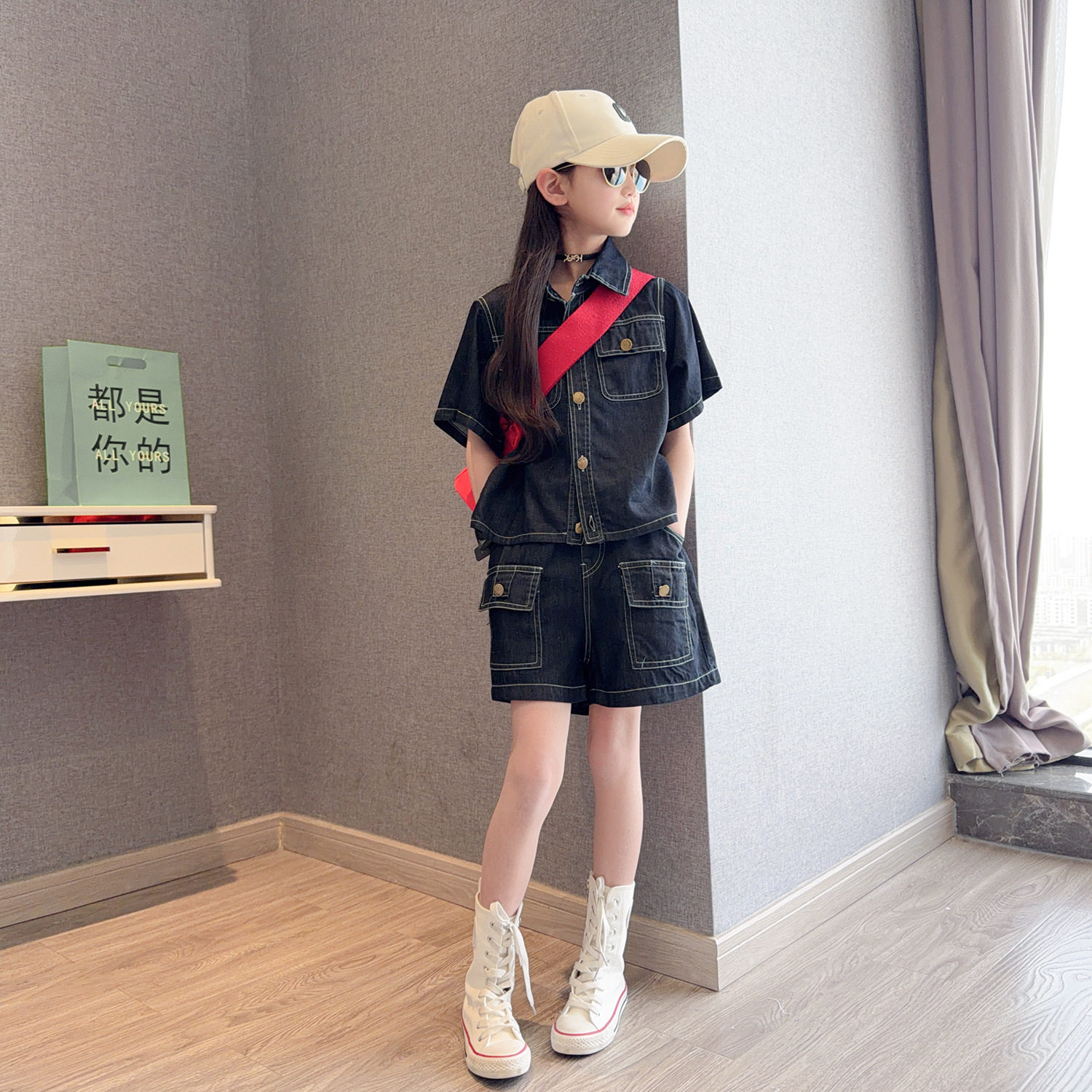 女童牛仔短裤套装2026夏季薄款大童时髦洋气工装潮酷夏装衬衫套装