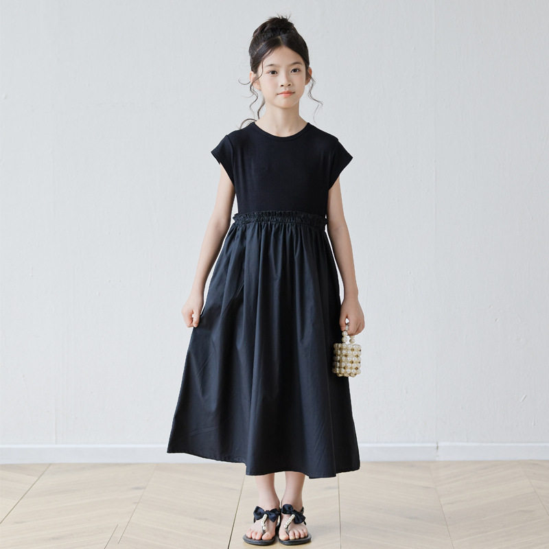 亲子装女童短袖连衣裙夏季日系弹力针织A字裙赫本风裙子大童女装