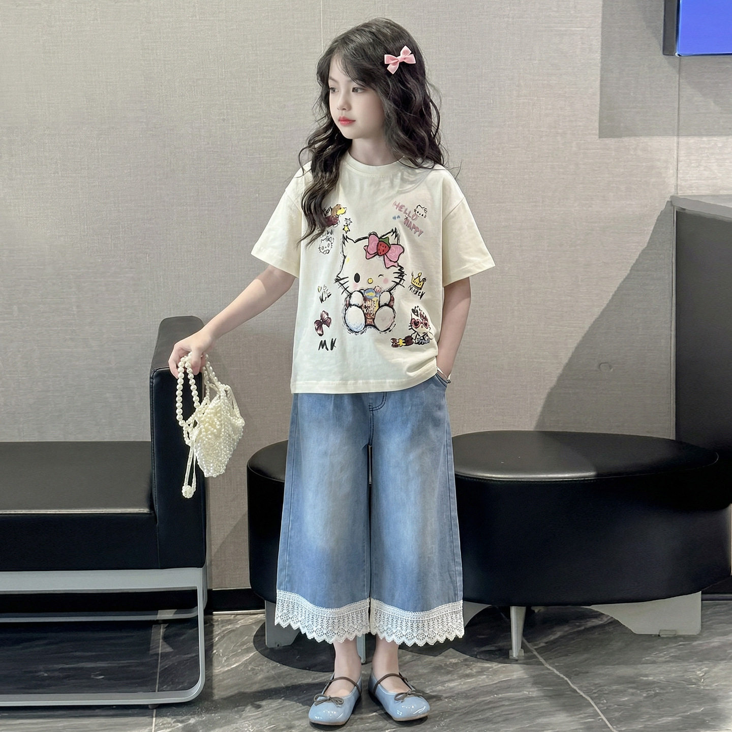 儿童洋气网红短袖白T恤女童时髦宽松韩版上衣大童装2025夏装新款