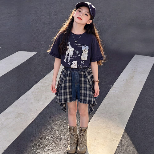 女童夏装套装2026新款洋气儿童时髦牛仔半身裙三件套女孩夏款衣服