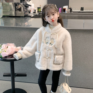 女童中国风外套2025秋冬新款儿童洋气加厚毛毛衣中大童冬季上衣