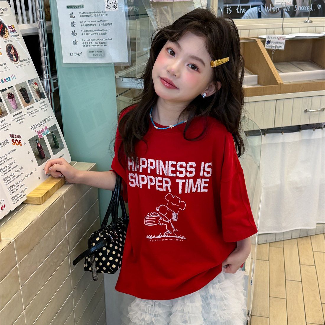 花与寻童装女童T恤2026年夏季新款韩版极简字母印花t百搭正肩短袖