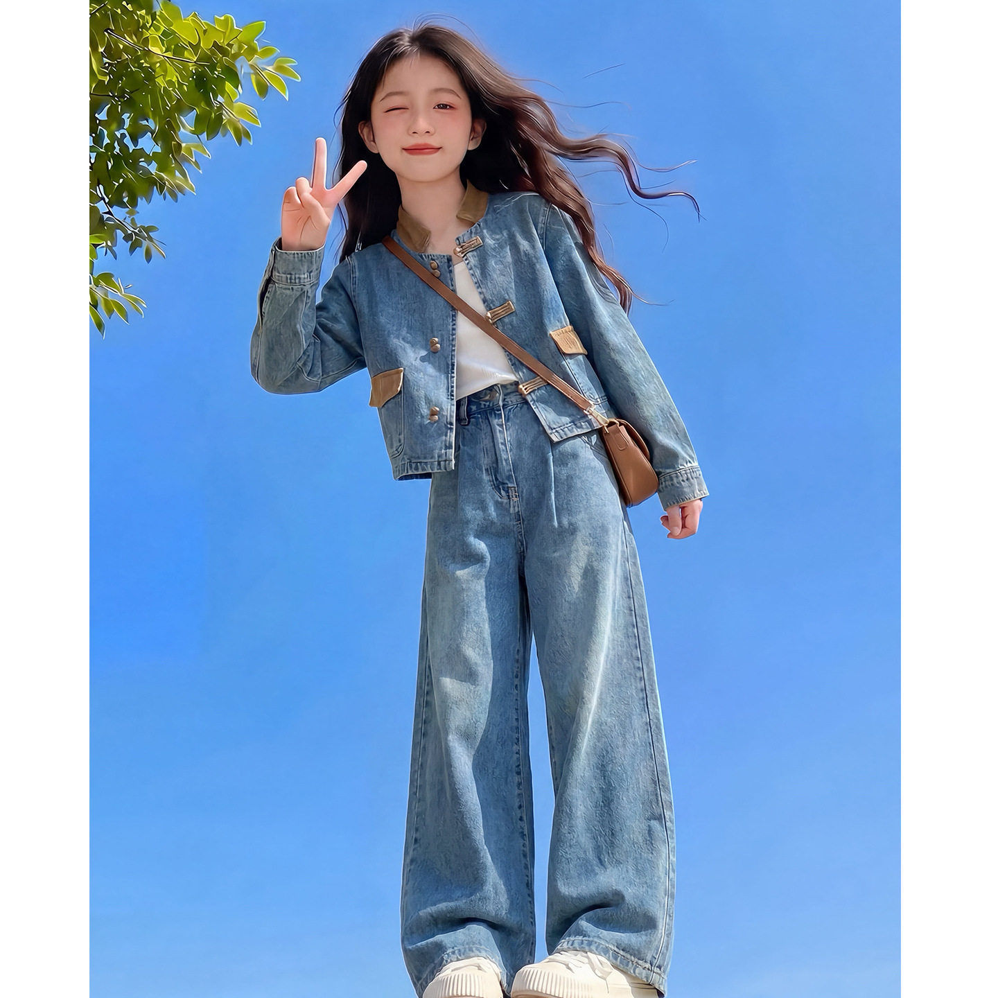 女童春秋韩版撞色牛仔两件套