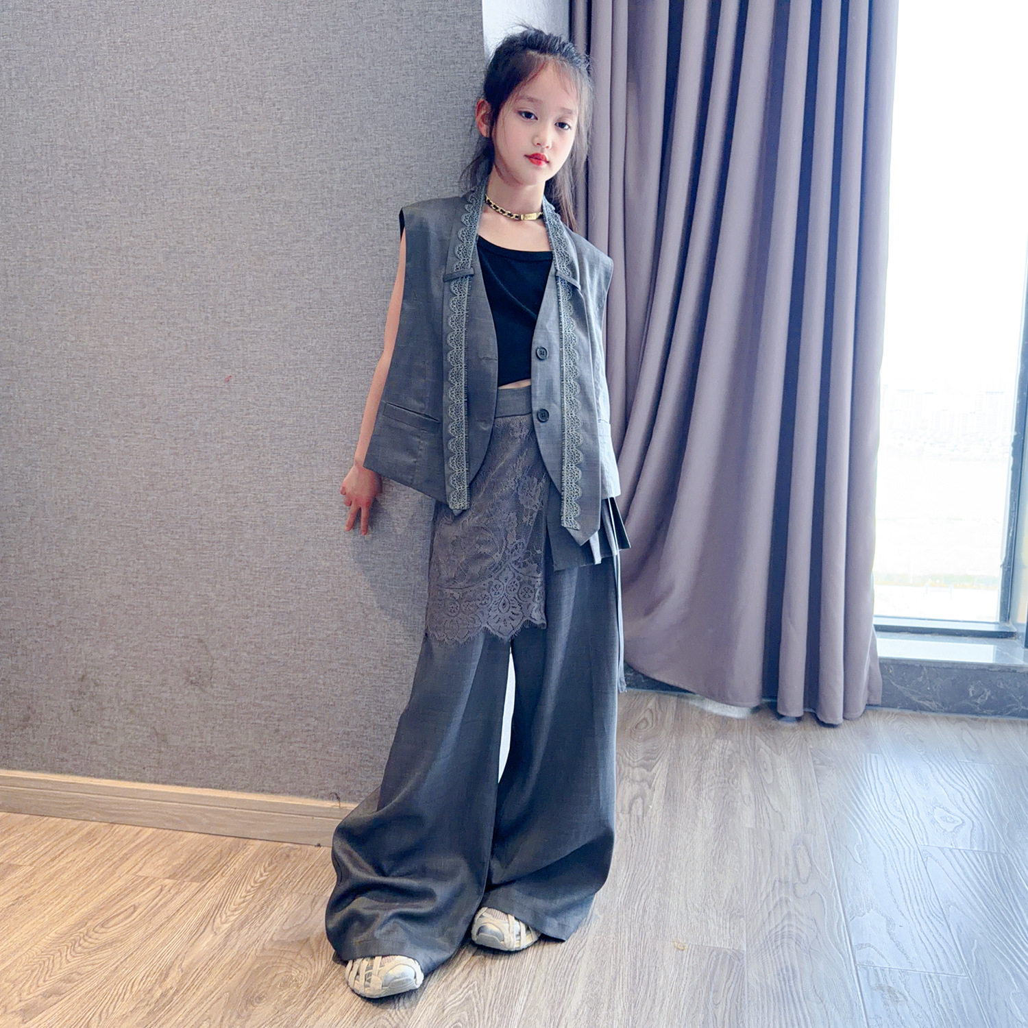 女童2026夏季高级感西装马甲外套阔腿裤子套装气质女孩韩版走秀服