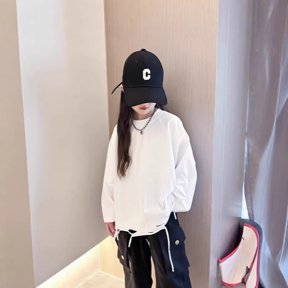 女童白色长袖t恤2026春秋儿童百搭打底衫女孩休闲宽松上衣洋气潮