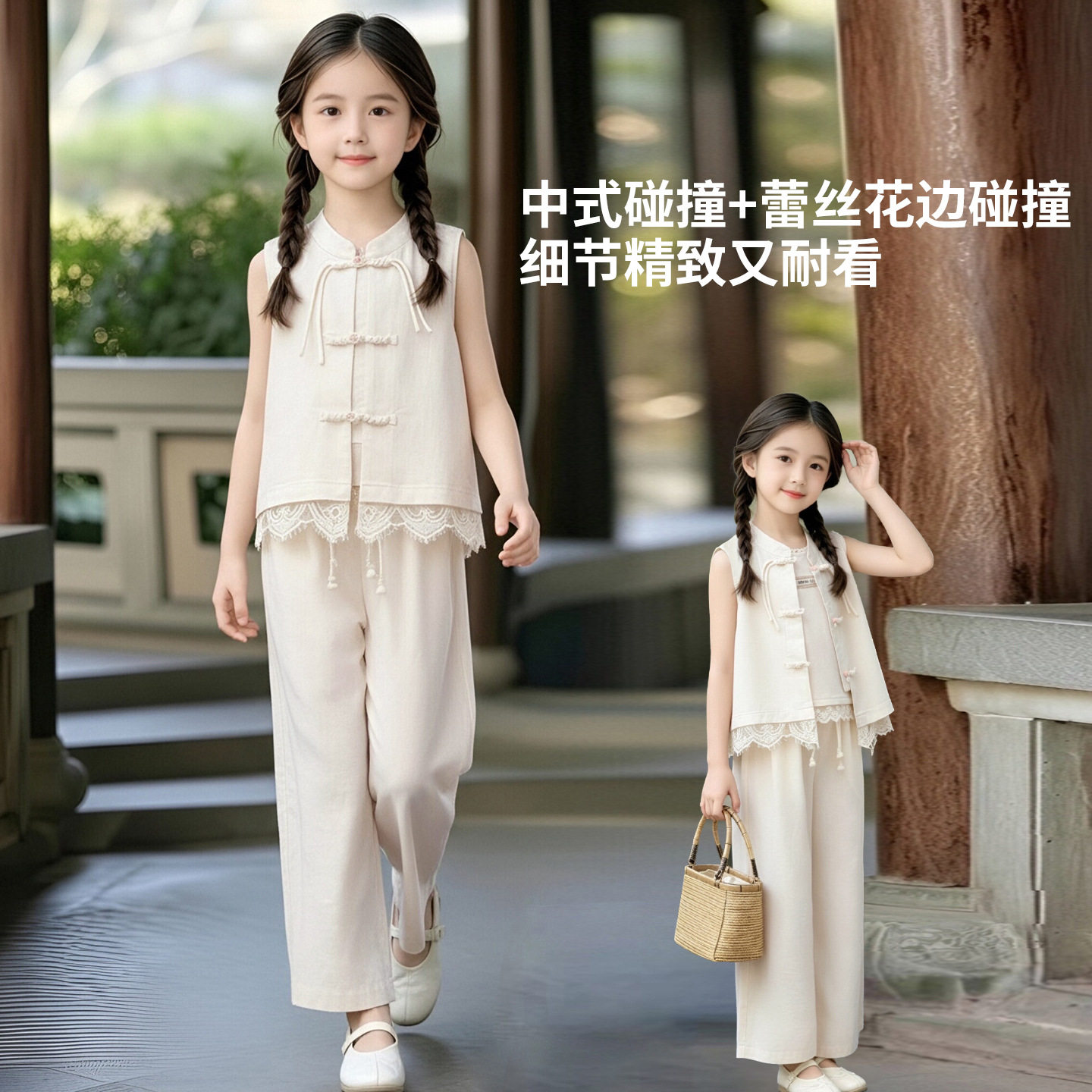 女童国风汉服套装2026新款夏季薄款女孩新中式民族风阔腿裤两件套