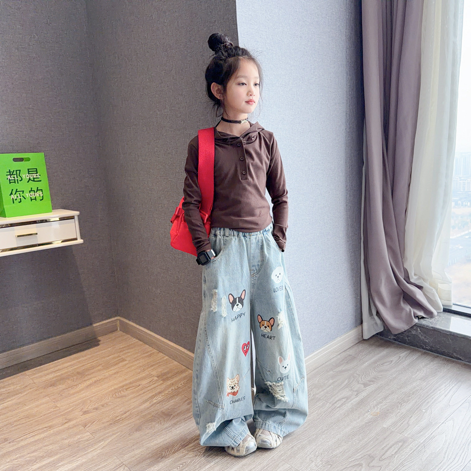 女童2026新款春秋美式复古连帽打底衫大童宽松休闲弯刀牛仔裤套装