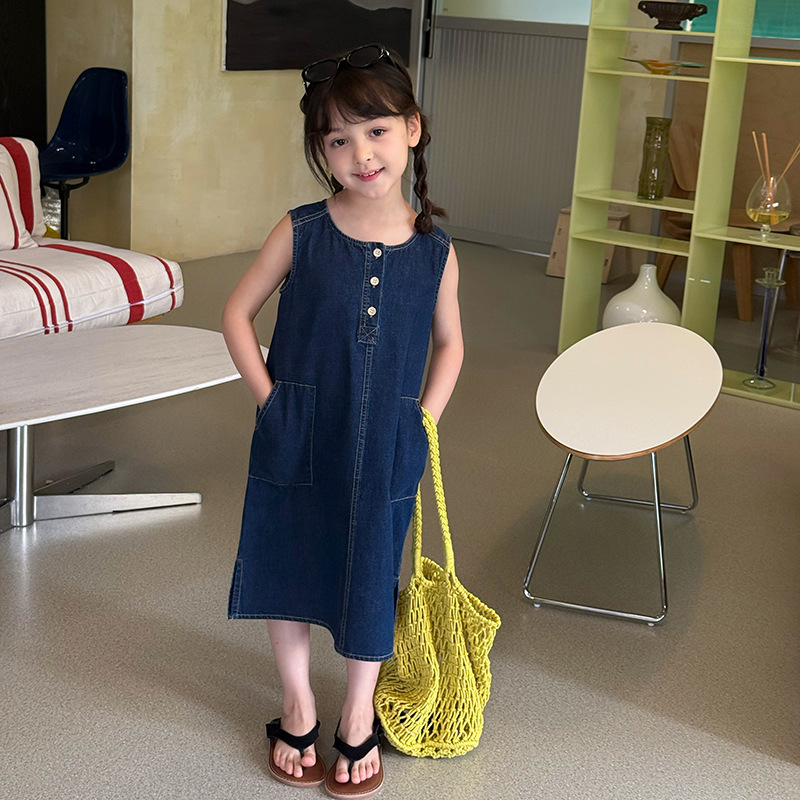 女大童2025女童裙子儿童夏季韩版连衣裙休闲口袋开叉薄款牛仔背心