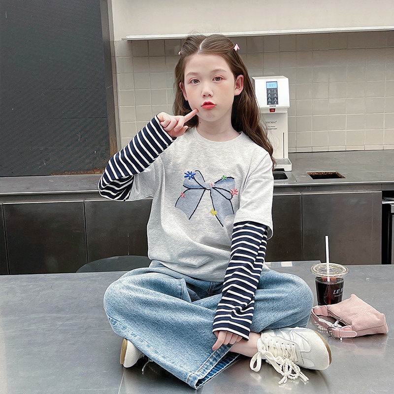 女童拼接长袖t恤儿童洋气打底上衣内搭大童女孩2026春秋装新款