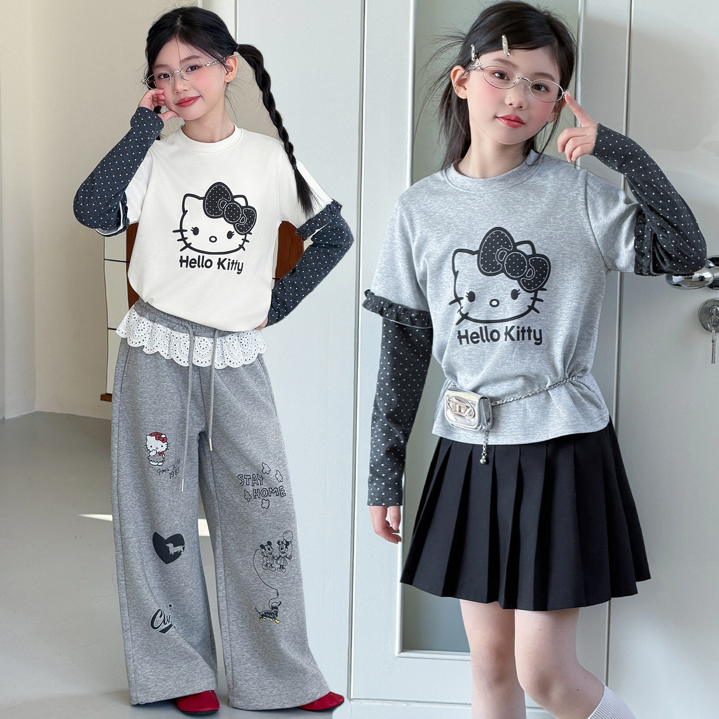 女童式假两件波点KT猫长袖T恤2026春装新款中大童木耳边拼接上衣