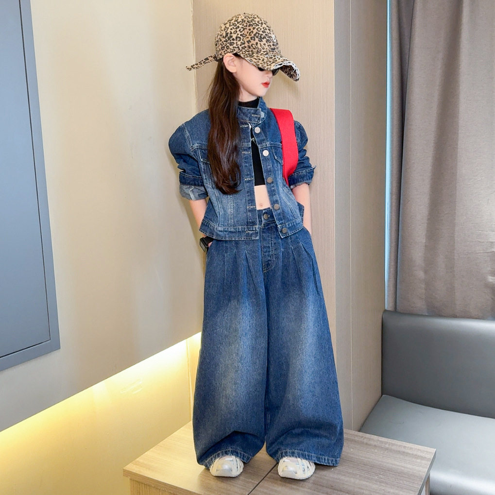 女童套装2026新款春装儿童洋气立领牛仔两件套女大童春秋季港风潮